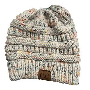 CC Beanie Speckled Confetti Knit Winter Hat Warm Cozy Messy Bun Ponytail Hole